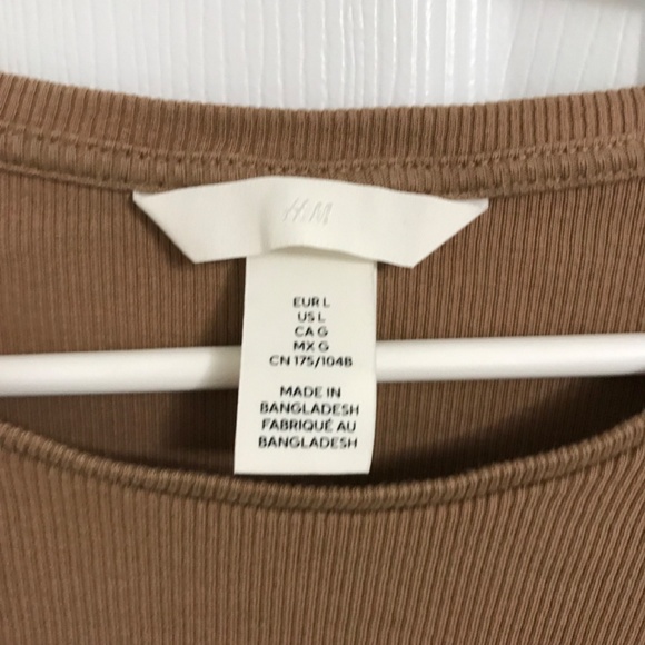H&M Ribbed Scoop Neck Cotton Top L Dark Beige Brown Long Sleeve - Picture 3 of 3